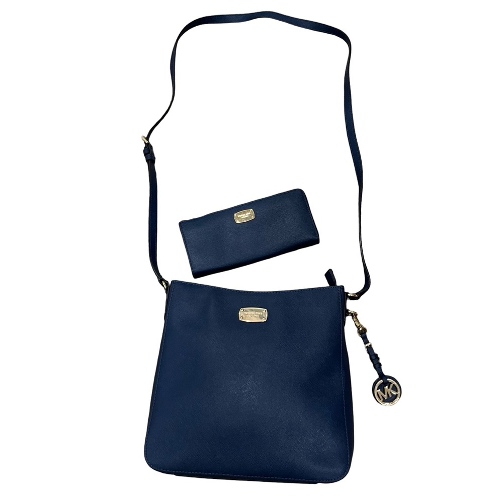 Michael Kors Navy Jet Set Crossbody Messenger Bag and Wallet Set Gold Hardware